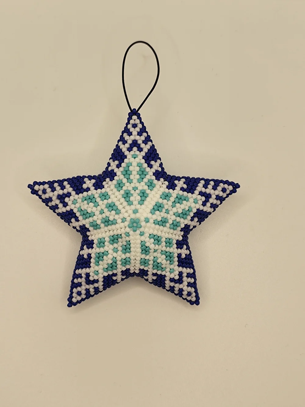 Handmade Blue Star Beaded Holiday Ornament - Smiling Face